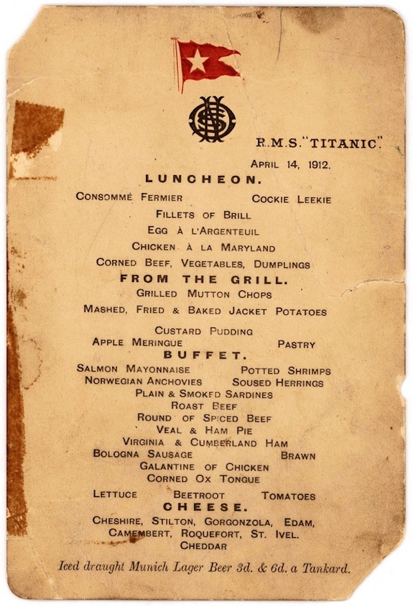 
					Subastarán menú del último almuerzo del Titanic