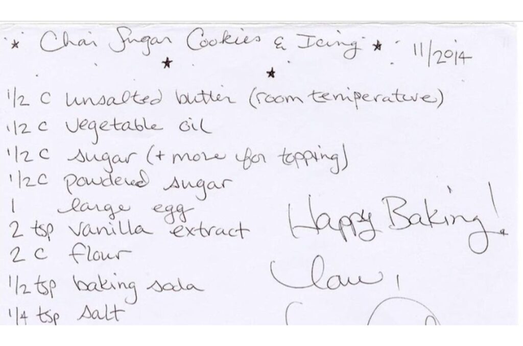 Foto de la receta escrita a mano de las galletas de Taylor Swift