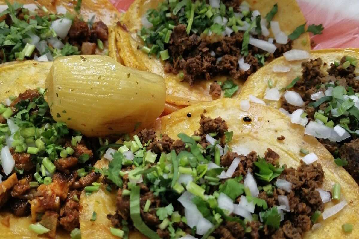 Tacos con carne crujiente, cebolla y cilantro. Foto de Wikimedia Commons.