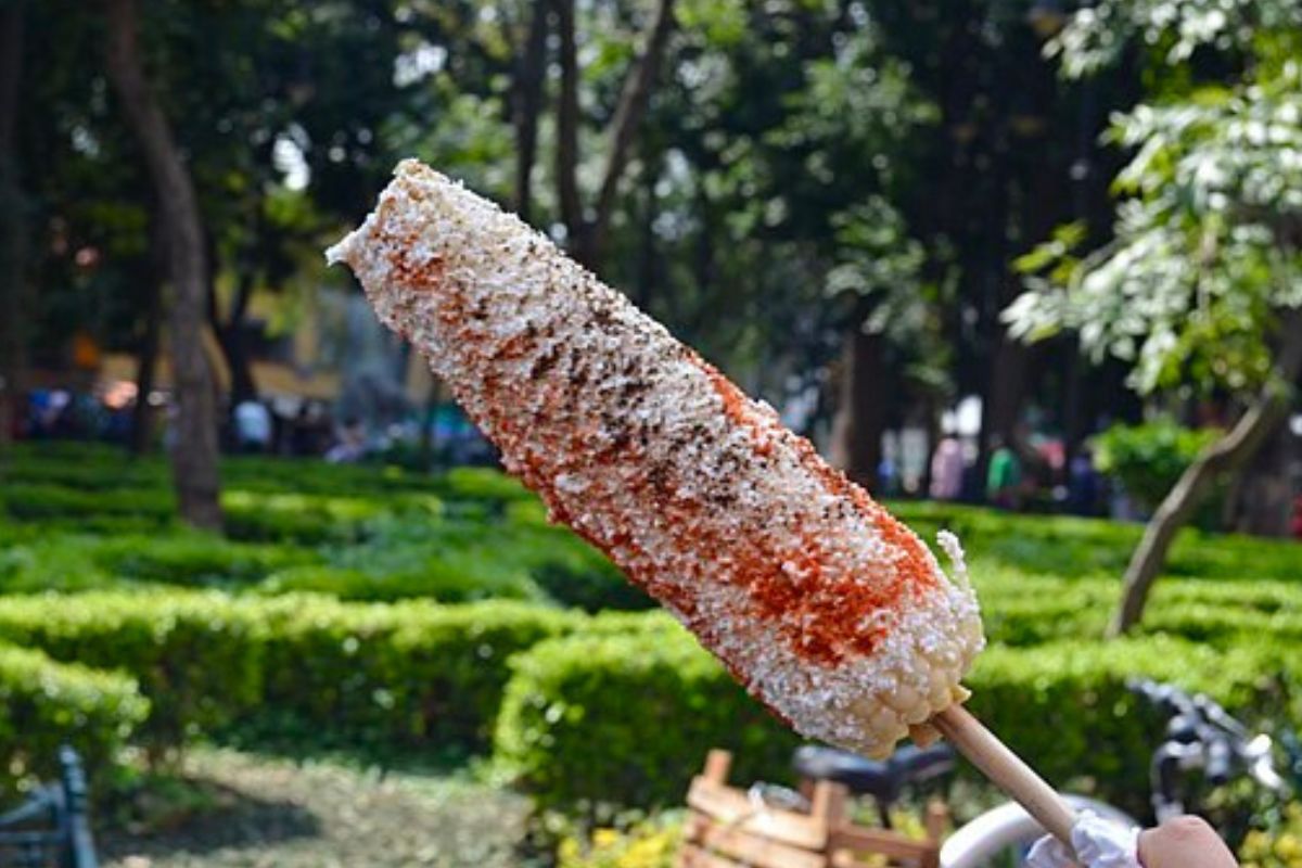 Elote hervido preparado con mayonesa, queso y chile en polvo. Foto de Wikimedia Commons.