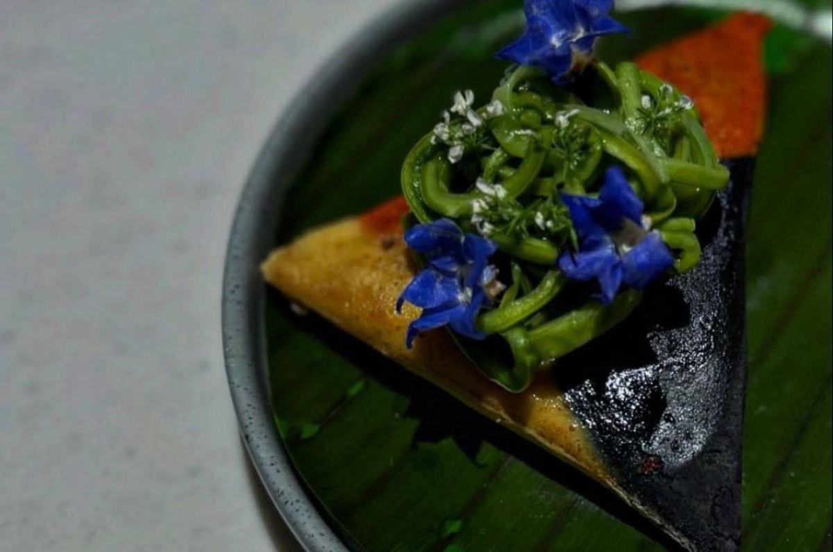 Tetela rellena de pork belly, nopal encurtido, emulsión de cilantro y caviar de habanero (NH Collection Mexico City Airport T2), foto tomada de sus redes sociales