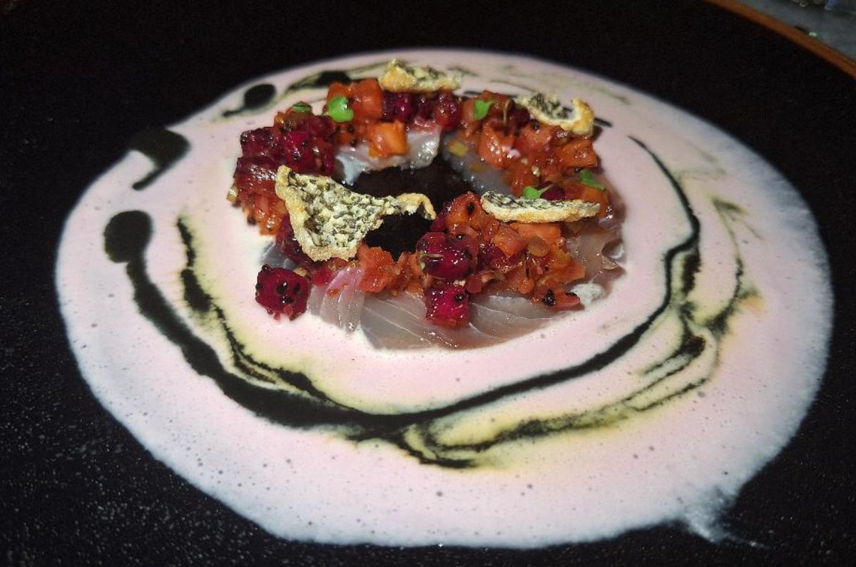 Crudo de pesca, leche de tigre de pitahaya y recado negro del chef Irving Cupul (Ramona - Nizuc Resort & Spa), foto de Miriam Carmo