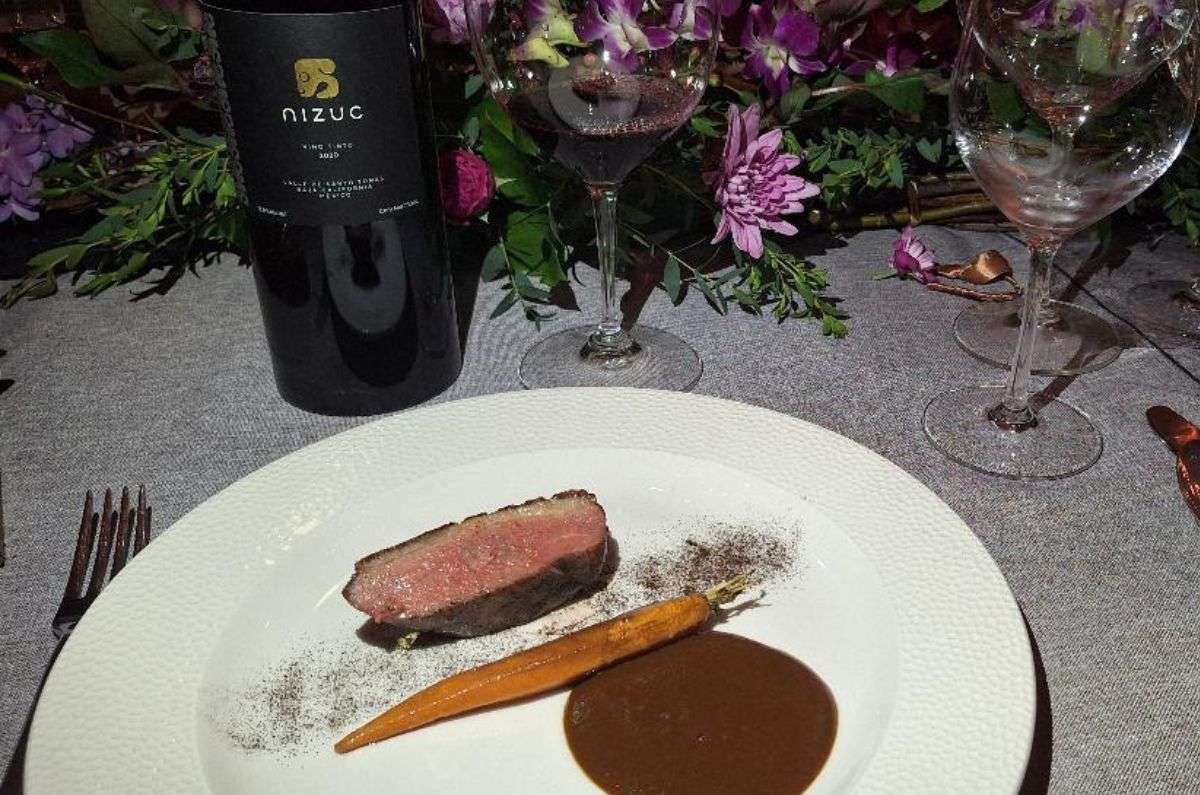 Magret de pato con mole de naranja y zanahorias confitadas en manteca de cacao del chef Baños con mezcla de tintos Nizuc, foto de Miriam Carmo