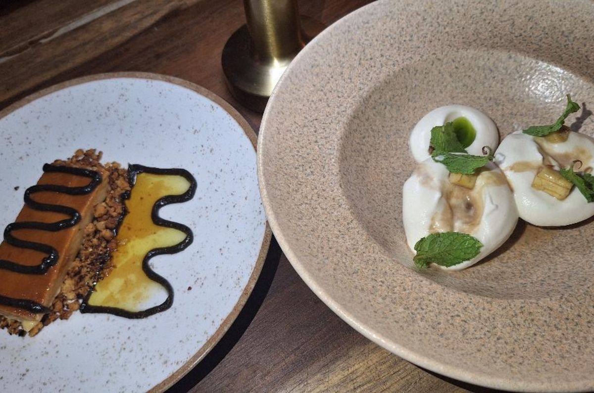 Haas (pan de plátano con nata de requesón y almíbar de ron) y flan de queso de cabra y lima, foto de Miriam Carmo