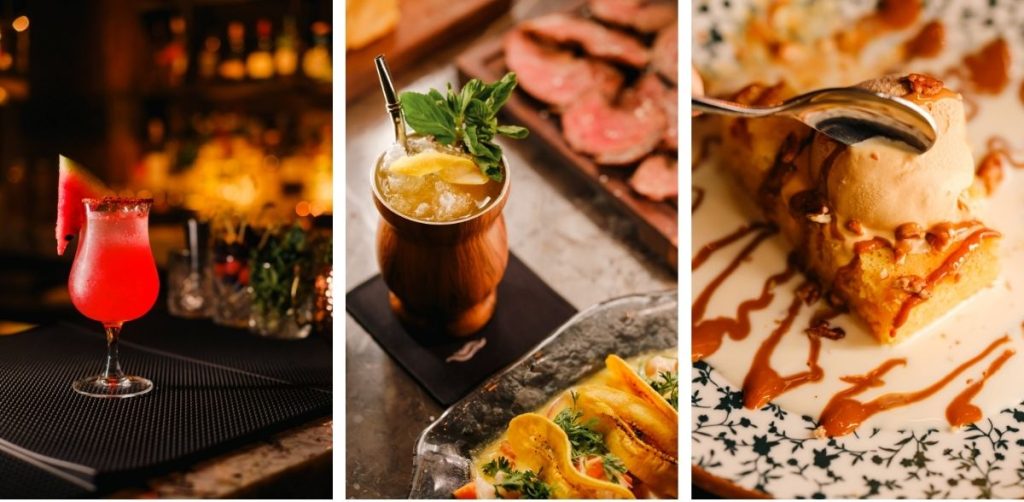 Bebidas y postre de elote en Tigre Asador