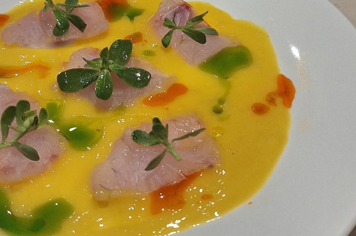 Róbalo con aguachile de mango, aceite de chistorra y verdolagas, foto de Miriam Carmo