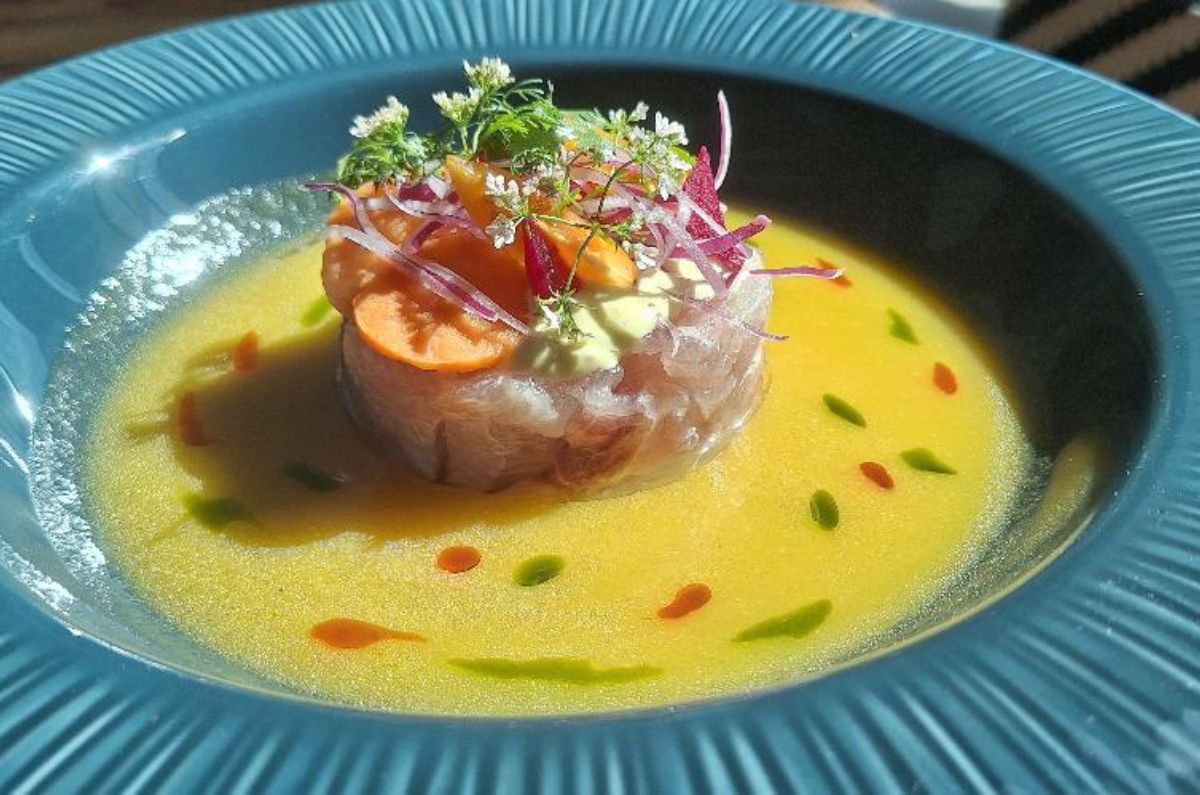 Ceviche de pescado, leche de tigre de maracuyá, cebolla morada, camote, cilantro y aceite de cilantro; foto de Miriam Carmo