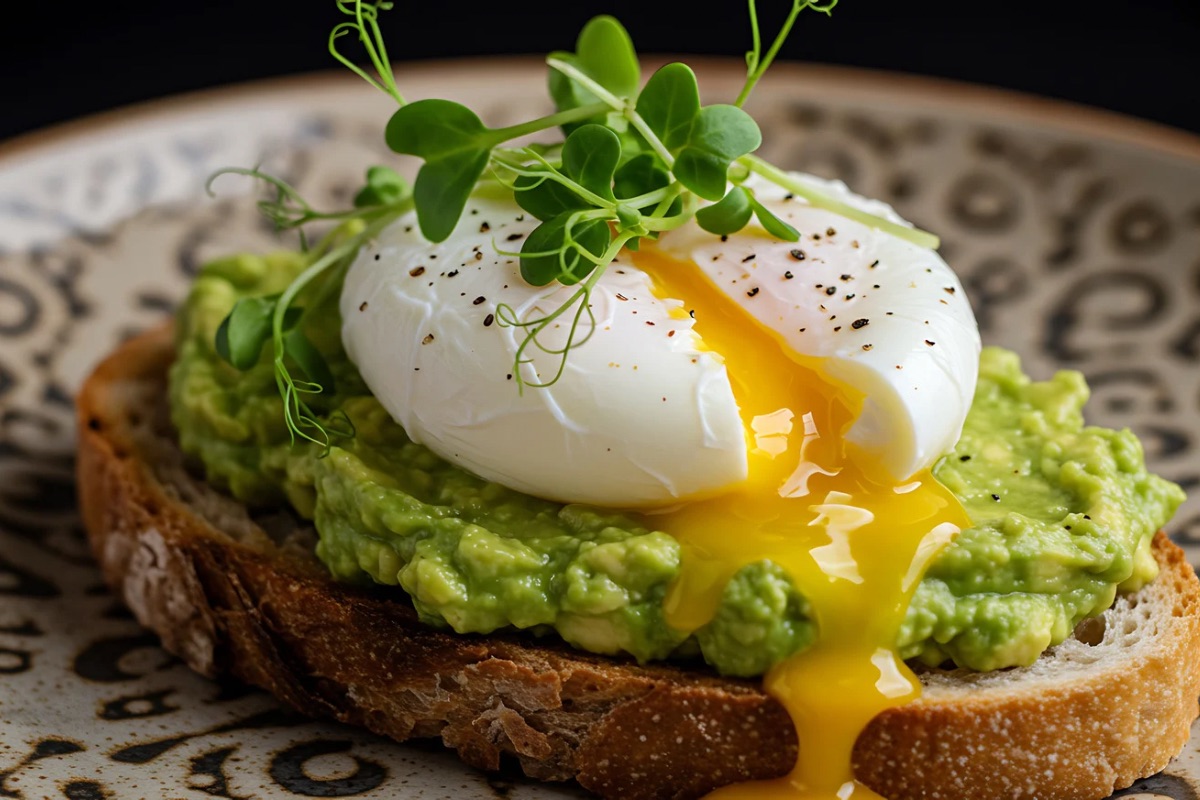 Huevo ponchado sobre pan tostado con aguacate. Foto de Canva