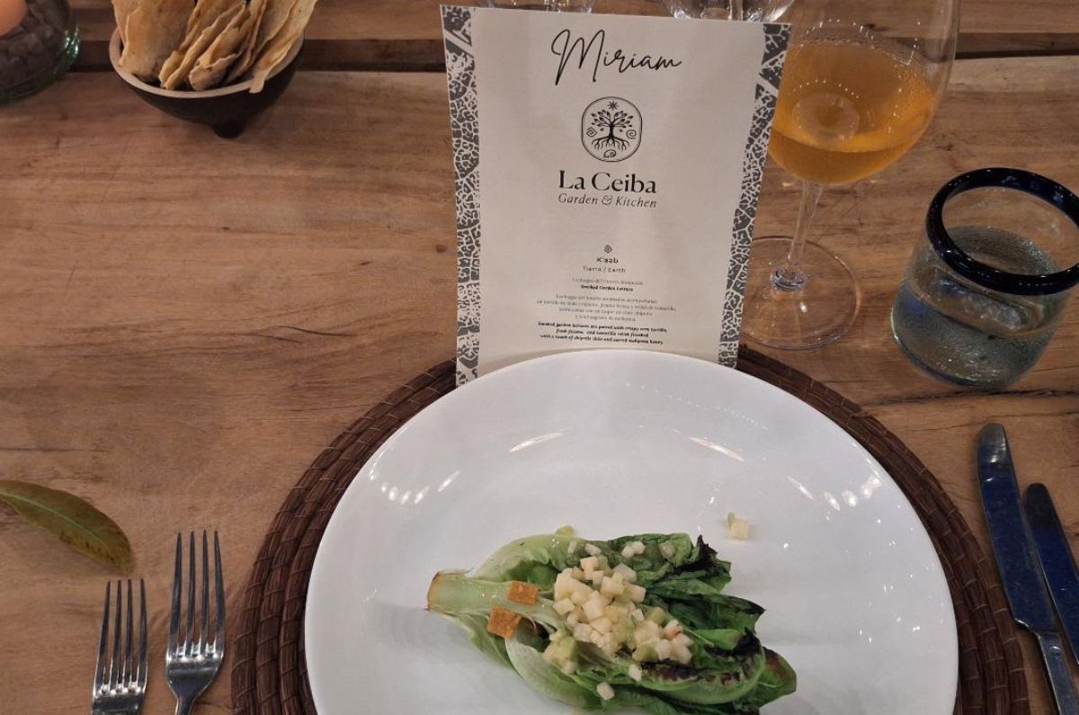 Entrada en la cena La Ceiba (lechuga del huerto, jícama, relish de tomatillo, chile chipotle y miel), foto de Miriam Carmo